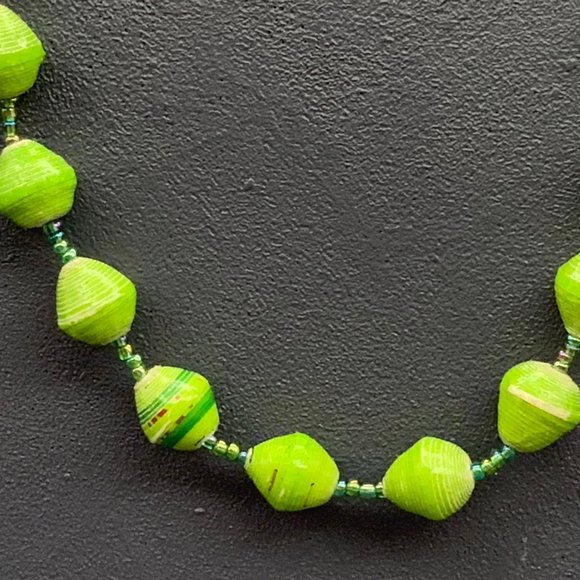 Green Rolled Paper Necklace Blue Iridescent Seed Bead - Picture 3 of 7